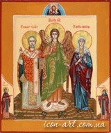 семейная икона Святой Николай Чудотворец, Святой Ангел Хранитель, Святая Виктория Никомидийская