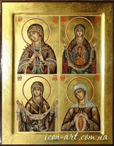 4-хчастная Богородичная  икона: образ Семистрельная Пресвятая Богородица, Знамение Пресвятая Богородица, образ Покрова , образ Пресвятая Богородица Помощница в родах