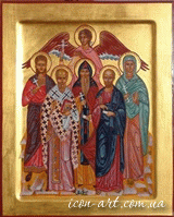 family icon: Holy martyr Rufinus of Kesari, St. Alexander the Archbishop of Jerusalem,  Holy Apostle Simon Zealot, Holy Martyr Theodotia Nicaea